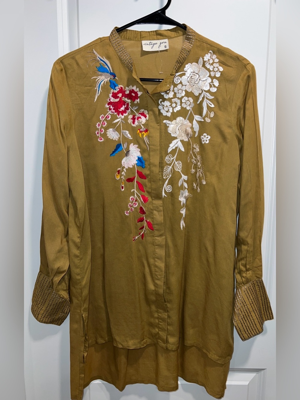 Vintage Goa Women’s Embroidered Bird & Floral Tunic Shirt in Mustard Size S NWOT